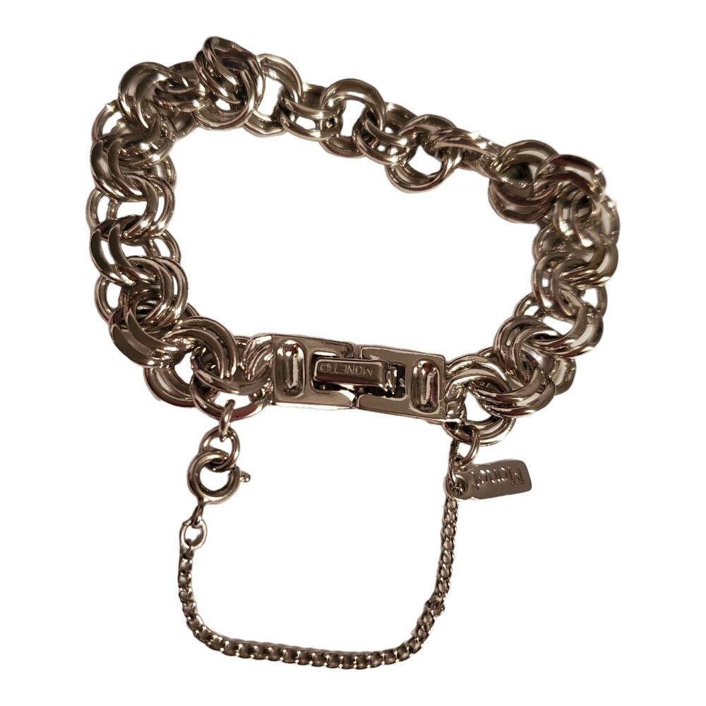 Monet Vintage Charm Bracelet Silver Tone 6 1/2" Round Links with Safety Chain